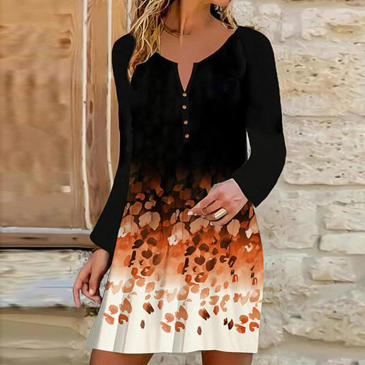 Elegant Long Sleeve Black Print Mini Dress